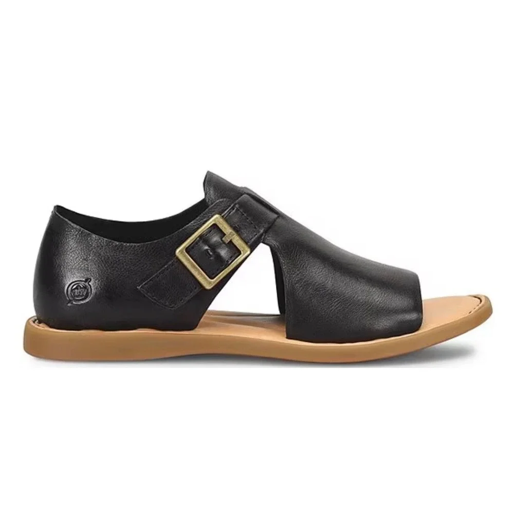 Born Ivey Black Leather Open Toe Flats Buckle Sandals 8M BR0067203